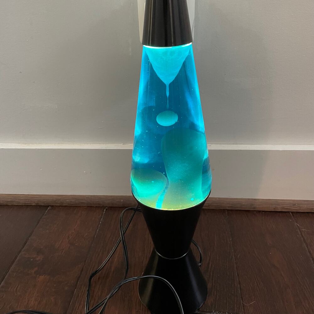 Vintage 1990s Lava Lite Lamp Blue Liquid Wax #03 Black Base Midnight Cap READ